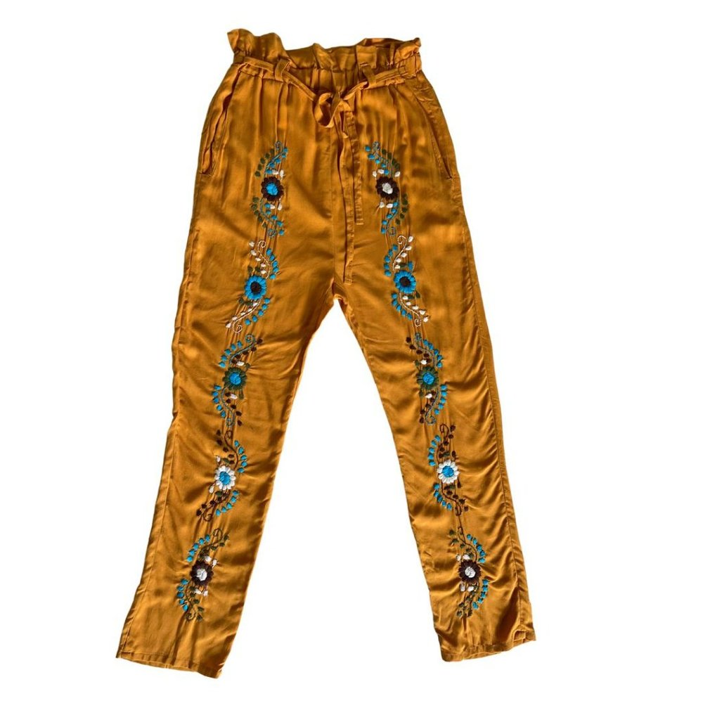 Mexican Mustard Rayon Floral Embroidered Drawstring Pants - Picture 1 of 3